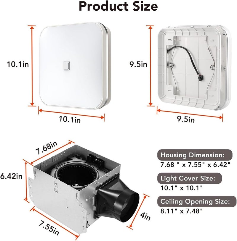 OREiN 2-in-1 Bathroom Exhaust Fan with Light, 100 CFM Bathroom Fan Light, 1.5 Sones Quiet Ventilation Fan Combo for Shower, Energy Star Certified, HVI/FCC/ETL Listed, Ceiling Cut-Out 8.11" x 7.48" - Image 2
